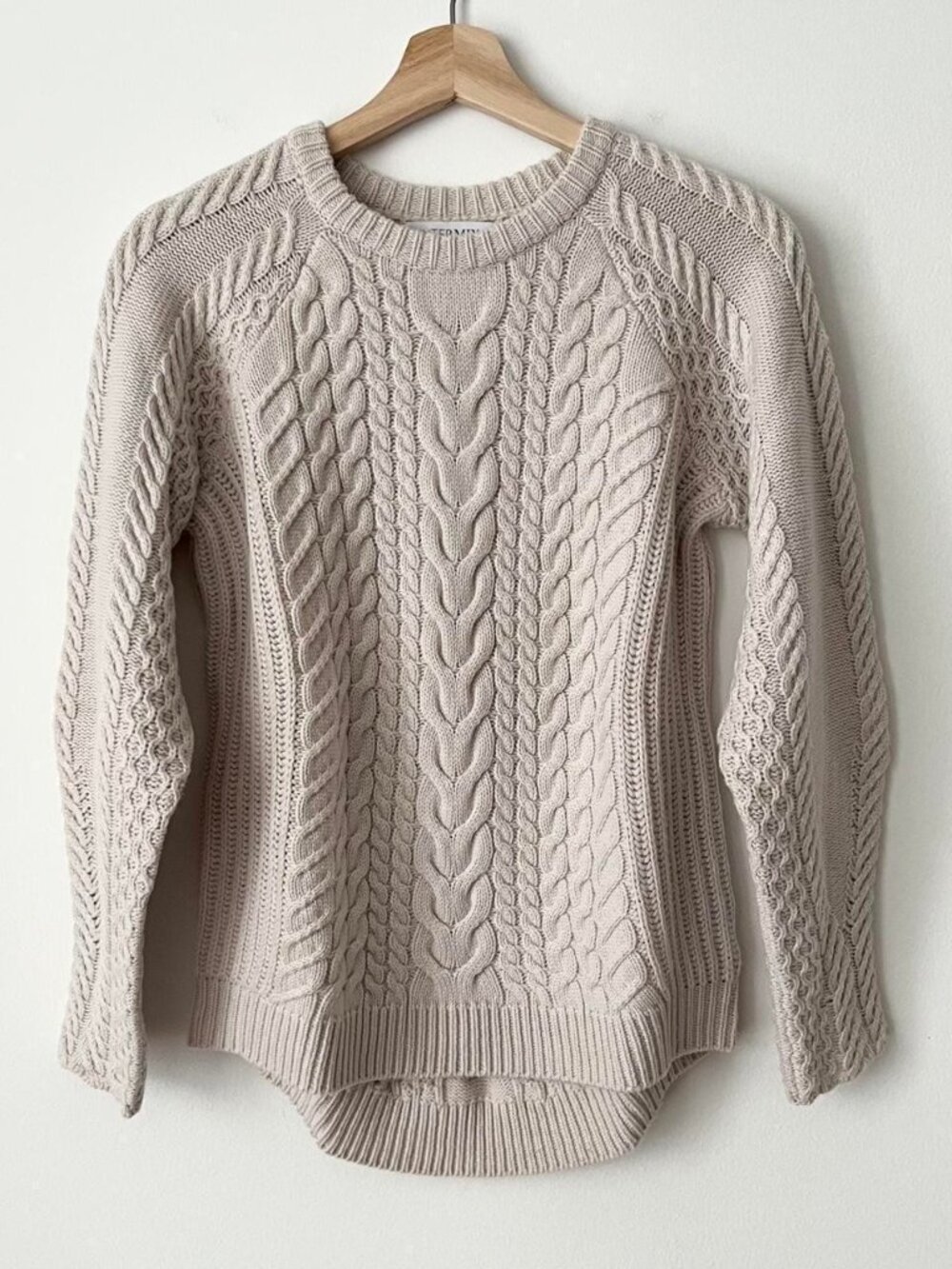 Intermix Women's Wool Cashmere Cable Knit Sweater Balloon Sleeves XS Ivory Gray